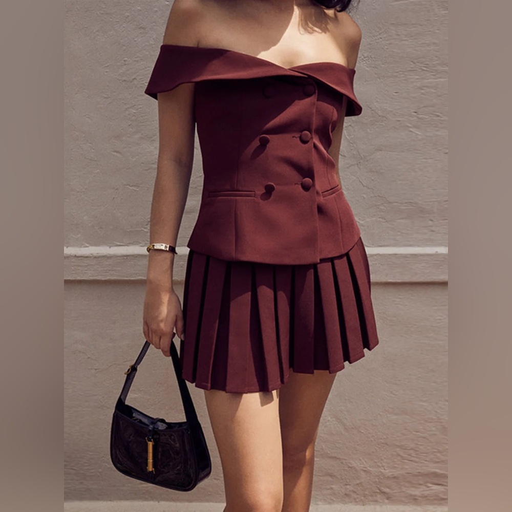 Commense Burgundy Off-Shoulder two-piece top and skirt.